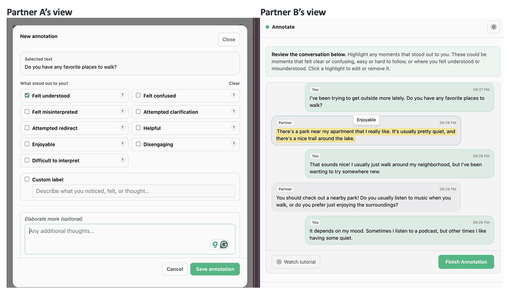 Annotation interface from the dyadic study: one partner labels a highlighted conversation moment with what stood out to them, while the other partner reviews the conversation and highlights moments.